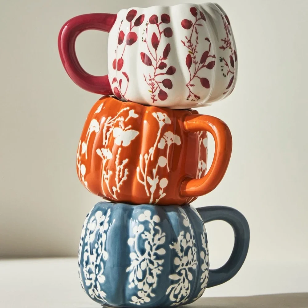 Anthropologie Floral Pumpkin- Shaped mug NWT in Wine - Picture 3 of 10